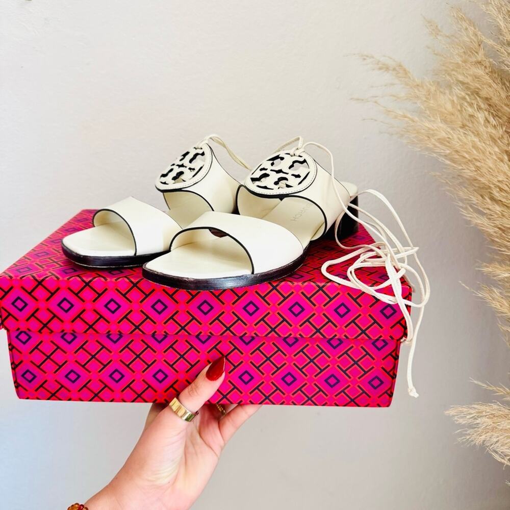 TORY BURCH White Lace Up Miller Leather Block Heel $425 Sandals Shoes Slides 7 - Picture 16 of 16